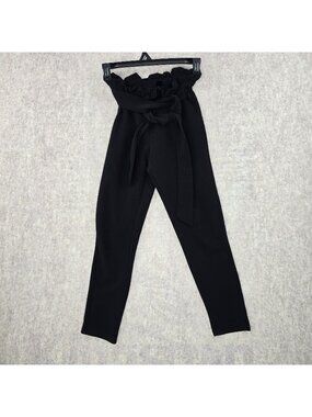 Shein Women's High-Waisted Black Paperbag Pants With Belt Size S Stretch